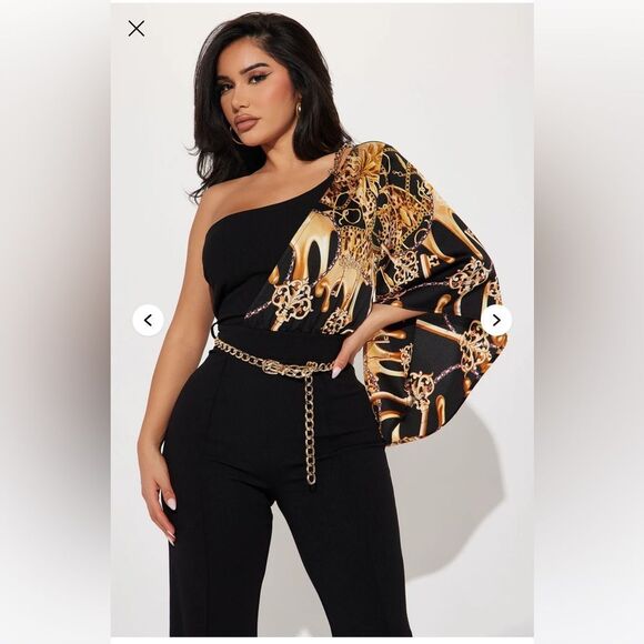 NWT - Fashion Nova Vivian One-Shoulder Jumpsuit - Black/combo - Size 2 - Picture 2 of 8